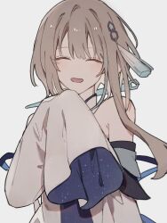 Rule 34 | 1girl, bare shoulders, brown hair, closed eyes, detached sleeves, dress, ellygretta, facing viewer, genshin impact, guizhong (genshin impact), hair between eyes, hair ornament, hashtag-only commentary, highres, open mouth, short hair, short hair with long locks, sleeves past fingers, sleeves past wrists, smile, solo, strapless, strapless dress, tassel, tassel hair ornament, upper body, white dress, white sleeves