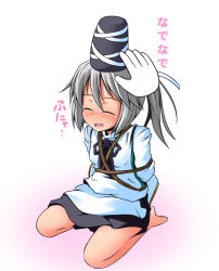 Rule 34 | 1girl, blush, bound, closed eyes, female focus, hat, hat ribbon, head pat, headpat, ichimi, japanese clothes, kariginu, mononobe no futo, open mouth, ponytail, ribbon, shirt, silver hair, sitting, skirt, smile, solo, tied up (nonsexual), touhou, translation request