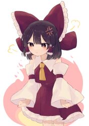Rule 34 | 1girl, absurdres, anger vein, ascot, bare shoulders, blush, bow, brown eyes, brown hair, closed mouth, cowboy shot, detached sleeves, frilled skirt, frills, hair bow, hair tubes, hakurei kaede, hakurei reimu, highres, japanese clothes, nontraditional miko, red bow, red skirt, short hair, sidelocks, skirt, solo, touhou, white sleeves, wide sleeves, yellow ascot