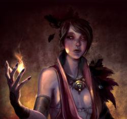 Rule 34 | 1girl, bare shoulders, bikini, bikini top only, black hair, breasts, breasts apart, cleavage, doe, dragon age, dragon age: origins, fantasy, feathers, fingernails, fire, fire, highres, jewelry, lips, long fingernails, magic, medium breasts, morrigan (dragon age), nail polish, necklace, pale skin, ring, solo, swept bangs, swimsuit, yellow eyes