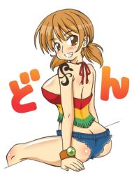 Rule 34 | 1girl, ass, back, breasts, female focus, grin, hip focus, japanese text, large breasts, looking back, nami (one piece), one piece, one piece: strong world, orange hair, short hair, shorts, sideboob, simple background, sitting, smile, solo, tattoo, teeth, thighs, white background