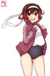 Rule 34 | 1girl, alternate costume, artist logo, black buruma, brown hair, buruma, commentary request, contrapposto, cowboy shot, dated, gradient hair, gym uniform, headband, highres, jacket, kanon (kurogane knights), kantai collection, multicolored hair, mutsuki (kancolle), open mouth, red eyes, red hair, red jacket, shirt, short hair, simple background, solo, t-shirt, teeth, track jacket, upper teeth only, white background, white headband, white shirt
