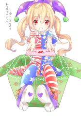 Rule 34 | 1girl, alternate hairstyle, american flag dress, american flag legwear, blonde hair, blush, box, clownpiece, collar, foreshortening, frilled collar, frilled shirt collar, frills, full body, gift, gift box, hat, heart, highres, jester cap, letter, long hair, looking at viewer, love letter, pantyhose, polka dot, red eyes, shoes, short sleeves, simple background, sitting, solo, striped clothes, striped pantyhose, touhou, translation request, twintails, white background, yilocity
