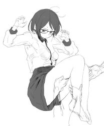 Rule 34 | 1girl, ahoge, bra, breasts, closed mouth, full body, glasses, greyscale, groping, high-waist shorts, kotoyama, medium breasts, monochrome, original, paw pose, see-through, short hair, shorts, simple background, solo, underwear, white background