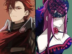 Rule 34 | 1boy, 1girl, absurdres, armor, bare shoulders, blush, breasts, cleavage, dark red hair, diamant (fire emblem), dress, elbow gloves, fire emblem, fire emblem engage, flower, gloves, hair ornament, highres, illust mi, ivy (fire emblem), jewelry, large breasts, long hair, mole, mole under mouth, multicolored hair, nintendo, purple eyes, purple hair, red eyes, red hair, rose, short hair, solo, two-tone hair, white gloves