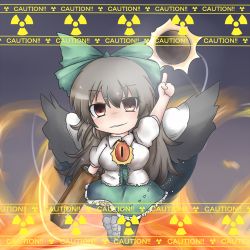 Rule 34 | 1girl, arm cannon, asymmetrical footwear, black wings, bow, brown hair, cape, caution, chibi, concrete, dekasudachin, energy ball, female focus, fire, fire, frilled skirt, frills, green skirt, hair bow, long hair, mismatched footwear, pointing, pointing up, radiation symbol, red eyes, reiuji utsuho, shirt, skirt, smirk, solo, third eye, touhou, walking, weapon, wings