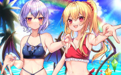 Rule 34 | 2girls, :d, bat wings, bikini, cloud, crystal, demon wings, flandre scarlet, foreshortening, gyaru v, highres, looking at viewer, low wings, multiple girls, nail polish, no headwear, open mouth, outstretched arm, outstretched hand, palm tree, perspective, reaching, reaching towards viewer, red bikini, red eyes, red nails, remilia scarlet, sky, smile, swimsuit, touhou, tree, v, wings, yuineko