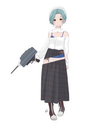 Rule 34 | 1girl, absurdres, adapted turret, beret, black skirt, boots, cannon, cross-laced footwear, forehead, grey hair, hat, highres, kantai collection, lace-up boots, long skirt, neve (morris-minicooper), plaid, plaid skirt, pleated skirt, shirt, short hair, simple background, skirt, solo, standing, swept bangs, tamanami (kancolle), turret, white background, white hat, white shirt, x-ray, yellow eyes