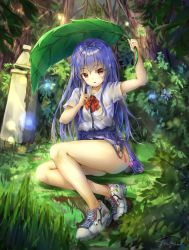 Rule 34 | 1girl, adapted costume, ass, bare legs, blue hair, blue skirt, blush, collar, day, fii fii (feefeeowo), forest, full body, highres, hinanawi tenshi, holding, holding umbrella, index finger raised, leaf umbrella, lens flare, long hair, looking at viewer, miniskirt, nature, neck ribbon, on grass, outdoors, parted lips, peach print, pleated skirt, red eyes, red ribbon, ribbon, shirt, shoes, short sleeves, side slit, signature, sitting, skirt, smile, sneakers, solo, thighs, touhou, tree, umbrella, very long hair, white footwear, white shirt