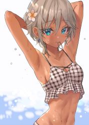 Rule 34 | 1girl, anastasia (idolmaster), armpits, arms behind head, arms up, bare arms, bikini, blue eyes, breasts, cleavage, collarbone, earrings, flower, frills, grey hair, hair between eyes, hair flower, hair ornament, hair tie, hair tie in mouth, highres, idolmaster, idolmaster cinderella girls, jewelry, light blush, looking at viewer, mouth hold, navel, rum raisin (chihiromakita19), short hair, simple background, sleeveless, small breasts, solo, striped bikini, striped clothes, swimsuit, tan, tankini, upper body, water, wet, white background, white flower