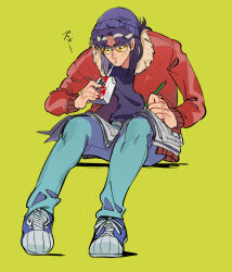 Rule 34 | 1boy, alcohol carton, black hair, black shirt, blue footwear, blue pants, bomber jacket, brown jacket, commentary request, facial scar, full body, holding, holding carton, holding pencil, inudori, invisible chair, itou kaiji, jacket, kaiji, long hair, long sleeves, looking down, male focus, medium bangs, newspaper, open clothes, open jacket, pants, parted bangs, pencil, reading, scar, scar on cheek, scar on face, scar on hand, shirt, shoes, simple background, sitting, sneakers, solo, sunglasses, tinted eyewear, yellow-tinted eyewear