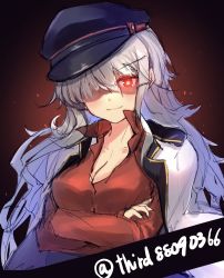 Rule 34 | 1girl, black background, black hat, commentary request, crossed arms, facial scar, gangut (kancolle), gangut dva (kancolle), glowing, glowing eye, gradient background, grey hair, hat, highres, jacket, jacket on shoulders, kantai collection, long hair, long sleeves, looking at viewer, o-sirius, peaked cap, red eyes, red shirt, scar, scar on cheek, scar on face, shirt, solo, upper body, white hat, white jacket