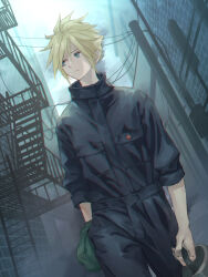 Rule 34 | alley, black bodysuit, blonde hair, blue eyes, bodysuit, building, city, closed mouth, cloud, cloud strife, cloudy sky, final fantasy, final fantasy vii, highres, holding, light frown, outdoors, power lines, sky, spiked hair, stairs, tesu (77aaheul4iox0so), walking