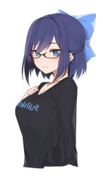 Rule 34 | 1girl, a-chan (1st costume) (hololive), a-chan (hololive), alternate breast size, black shirt, blue eyes, blue hair, blush, bow, closed mouth, copyright name, glasses, hair between eyes, hair bow, hand on own chest, highres, hololive, long sleeves, looking at viewer, shirt, short hair, simple background, smile, solo, t-shirt, upper body, virtual youtuber, white background, yaman