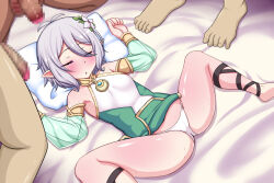 Rule 34 | 1girl, 3boys, bed sheet, breasts, censored, closed eyes, clothed female nude male, dark-skinned male, dark skin, elf, grey hair, hetero, kokkoro (princess connect!), lying, mosaic censoring, multiple boys, multiple penises, nude, on back, on bed, open mouth, panties, penis, pillow, pointy ears, princess connect!, short hair, small breasts, solo focus, source request, spread legs, sweat, umidori, underwear