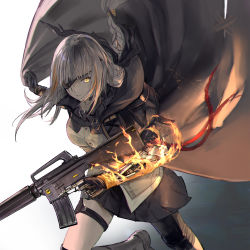 Rule 34 | 1girl, absurdres, assault rifle, black footwear, braid, braided ponytail, cape, closed mouth, eyepatch, fire, girls&#039; frontline, gloves, gun, highres, holding, holding weapon, kisetsu, long hair, m16, m16a1, m16a1 (boss) (girls&#039; frontline), multicolored hair, rifle, running, sangvis ferri, scar, skirt, solo, streaked hair, weapon, white hair, yellow eyes