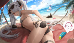 1boy 2girls absurdres anger_vein ass beach beach_umbrella bikini bird black_bikini black_choker black_gloves blue_archive blush breasts choker commentary_request dark-skinned_female dark_skin day demon_horns demon_tail dixo_(user_srff3835) doodle_sensei_(blue_archive) eyewear_on_head gloves grey_hair hair_over_one_eye halo highres hina_(blue_archive) hina_(swimsuit)_(blue_archive) horns innertube iori_(blue_archive) iori_(swimsuit)_(blue_archive) long_hair looking_at_viewer lotion multiple_girls official_alternate_costume one-piece_swimsuit outdoors pointy_ears purple_eyes purple_halo red_eyes school_swimsuit seagull sensei_(blue_archive) side-tie_bikini_bottom sky string_bikini sunglasses sunscreen swim_ring swimsuit tail thigh_strap twintails umbrella very_long_hair white_hair