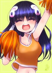 Rule 34 | 1girl, absurdres, african penguin (kemono friends), arm up, armpits, bare shoulders, black hair, cheerleader, highres, hikarikmy, holding, holding pom poms, kemono friends, kemono friends v project, long hair, looking at viewer, multicolored hair, navel, penguin girl, pink hair, pom pom (cheerleading), pom poms, simple background, smile, solo, tank top, virtual youtuber, white hair, yellow background