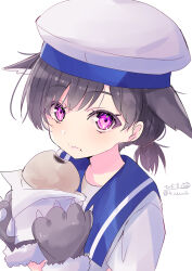Rule 34 | 1girl, absurdres, animal ears, animal hands, black hair, blue sailor collar, bread, claws, dress, food, gloves, hat, hiburi (kancolle), highres, hizaka, kantai collection, low ponytail, one-hour drawing challenge, paw gloves, purple eyes, sailor collar, sailor dress, sailor hat, short hair, simple background, solo, upper body, white background, white hat, wolf ears
