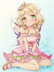 Rule 34 | 1girl, :o, ahoge, bare shoulders, blush, butterfly wings, child, collarbone, flat chest, flower, flower necklace, flower wreath, frilled skirt, frills, green eyes, highres, idolmaster, idolmaster cinderella girls, idolmaster cinderella girls starlight stage, insect wings, jewelry, looking at viewer, low twintails, michii yuuki, navel, necklace, sandals, sitting, skirt, twintails, wariza, wings, yusa kozue