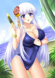 Rule 34 | 1girl, :d, bad id, bad pixiv id, beach, blue eyes, blush, bracelet, breasts, cameltoe, chocolate banana, cleavage, cloud, covered navel, cross, day, flower, hair flower, hair ornament, hibiscus, highres, jewelry, large breasts, light purple hair, long hair, necklace, ocean, one-piece swimsuit, open mouth, original, outdoors, sexually suggestive, shibata rai, sky, smile, solo, swimsuit, thighs, white hair