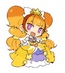 Rule 34 | 1girl, amanogawa kirara, bad id, bad twitter id, chibi, cure twinkle, cure twinkle (mode elegant), dress, earrings, full body, gloves, go! princess precure, jewelry, long hair, looking at viewer, mota, multicolored hair, open mouth, orange hair, precure, purple eyes, simple background, smile, solo, star (symbol), star earrings, twintails, two-tone hair, white background, white gloves