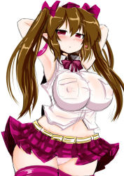 Rule 34 | 1girl, armpits, arms behind head, arms up, belt, blush, bow, bowtie, breasts, breath, brown hair, covered erect nipples, dress shirt, female focus, hat, heart, himekaidou hatate, hip focus, impossible clothes, impossible shirt, large breasts, long hair, looking at viewer, microskirt, midriff, miniskirt, navel, okiraku nikku, panties, pantyshot, pleated skirt, plump, red eyes, see-through, shirt, simple background, skirt, sleeveless, sleeveless shirt, solo, standing, thighhighs, thighs, tokin hat, touhou, twintails, underwear, upskirt, very long hair, white background, white panties, wide hips