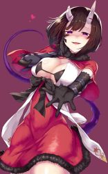 Rule 34 | + +, 1girl, :d, absurdres, black gloves, blush, breasts, broken horn, brown hair, capelet, cleavage, commentary request, demon girl, demon horns, dress, elbow gloves, eriko (princess connect!), fur-trimmed capelet, fur-trimmed dress, fur trim, gloves, hand on own cheek, hand on own face, heart, highres, horns, large breasts, open mouth, painttool sai (medium), princess connect!, purple background, purple eyes, reaching, reaching towards viewer, red dress, shaded face, short dress, short hair, smile, solo, symbol-shaped pupils, tail, yamato (muchuu paradigm)