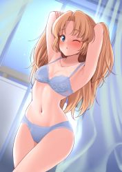 Rule 34 | :o, armpits, arms up, blonde hair, blue eyes, blush, bra, breasts, cleavage, curtains, dream c club, dream c club (series), feet out of frame, hair intakes, hisakabe oto, lace, lace-trimmed bra, lace trim, lingerie, long hair, looking at viewer, medium breasts, midriff, navel, one eye closed, open mouth, parted bangs, raised eyebrows, seira (dream c club gogo.), standing, underwear, underwear only, very long hair