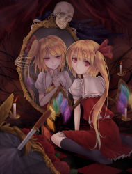 Rule 34 | 1girl, arm support, black socks, blonde hair, blurry, broken mirror, candle, candlestand, checkered floor, depth of field, different reflection, finger to face, fire, fire, flandre scarlet, floor, flower, from behind, grin, hair ribbon, highres, indoors, kirieroido iii, kneehighs, knife, looking at viewer, looking back, mirror, no headwear, no headwear, no shoes, planted, planted knife, planted weapon, red background, red eyes, red flower, red rose, reflection, ribbon, rose, short hair, short sleeves, side ponytail, sitting, skeleton, skirt, skirt set, skull, slit pupils, smile, socks, solo, touhou, wariza, weapon, wings