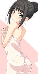 Rule 34 | 1girl, ass, bare shoulders, black hair, blunt bangs, breast hold, breasts, chestnut mouth, cowboy shot, from behind, green eyes, hair bun, hamaguchi ayame, highres, idolmaster, looking at viewer, looking back, naked towel, natsu (anta tte hitoha), parted lips, pink background, sidelocks, simple background, single hair bun, solo, sweatdrop, towel, white background