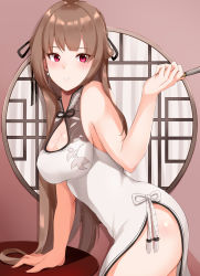 Rule 34 | 1girl, absurdres, azur lane, blush, breasts, brown hair, china dress, chinese clothes, chinese new year, closed mouth, dress, folded fan, folding fan, hair ribbon, hand fan, hand on table, haneramu, highres, holding, holding fan, long hair, looking at viewer, medium breasts, purple eyes, ribbon, solo, swiftsure (azur lane), swiftsure (beauty of white jade) (azur lane), thighs, white dress
