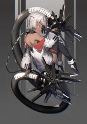 Rule 34 | 1girl, absurdres, bare shoulders, black flower, black rose, boots, chain, collar, commentary request, dark-skinned female, dark skin, eyepatch, flower, flower eyepatch, from behind, full body, grey eyes, highres, jacket, knees up, long sleeves, looking at viewer, looking back, mecha musume, mechanical tail, metal collar, midair, miya-ki (miya key), multiple tails, off shoulder, original, parted lips, partially unzipped, rose, short hair, single thighhigh, solo, tail, thighhighs, two-tone background, two tails, white hair, zipper