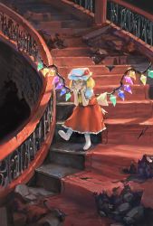 Rule 34 | 1girl, ascot, blonde hair, bobby socks, column, fjsmu, flandre scarlet, hair between eyes, handrail, hands on own face, hat, highres, indoors, leg lift, looking up, mob cap, no shoes, pillar, puffy short sleeves, puffy sleeves, red carpet, red eyes, red skirt, red theme, red vest, ruins, shirt, short hair, short sleeves, sitting, skirt, socks, solo, stairs, touhou, vest, white hat, white shirt, white socks, wide shot, wings, yellow ascot