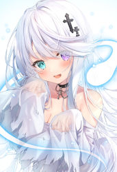 Rule 34 | 1girl, aqua eyes, breasts, chain, cleavage, collar, commentary, cross, cross hair ornament, ghost pose, hair ornament, hands up, heterochromia, highres, kakao rantan, light blush, long hair, looking at viewer, open mouth, original, purple eyes, see-through, see-through sleeves, solo, symbol-only commentary, upper body, white background, white hair
