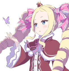 Rule 34 | 1girl, beatrice (re:zero), blonde hair, blue eyes, blush, bug, butterfly, butterfly-shaped pupils, capelet, commentary request, crown, dress, drill hair, fur-trimmed capelet, fur trim, hair ribbon, insect, long hair, mini crown, open mouth, pink ribbon, purple butterfly, re:zero kara hajimeru isekai seikatsu, red capelet, ribbon, s (hdru2332), sidelocks, simple background, solo, symbol-shaped pupils, twin drills, upper body, white background, wide sleeves