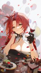 Rule 34 | 1girl, absurdres, alcohol, arm support, balloon, benghuai xueyuan, birthday cake, black gloves, breasts, cake, cake slice, closed mouth, cup, food, fork, gloves, hand on own cheek, hand on own face, happy birthday, highres, holding, holding cup, honkai (series), jacket, large breasts, looking at viewer, mole, mole on breast, murata himeko, murata himeko (battle storm), oreo, petals, plate, red hair, red jacket, short sleeves, smile, solo, table, third-party source, wine, yellow eyes