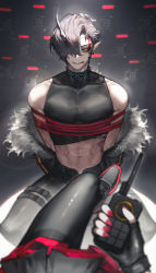 Rule 34 | 1boy, 1girl, abs, absurdres, arknights, black gloves, black hair, black pants, black pantyhose, blood, blood on face, fingerless gloves, flamebringer (arknights), gloves, hair between eyes, hair over one eye, highres, holding walkie-talkie, horns, infection monitor (arknights), material growth, mouth hold, muscular, muscular male, nail polish, open mouth, oripathy lesion (arknights), pants, pantyhose, pointy ears, red nails, rhine (overtonerhine), short hair, simple background, single horn, smile, teeth hold, w (arknights), walkie-talkie, yellow eyes
