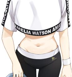 Rule 34 | 1girl, alternate costume, black pants, character name, clothes writing, commentary, copyright name, crop top, crop top overhang, cropped shirt, english commentary, english text, highres, hololive, hololive dance practice uniform, hololive english, logo, midriff, mittsu, navel, official alternate costume, pants, shirt, shirt overhang, solo, stomach, sweatpants, t-shirt, virtual youtuber, watson amelia, white shirt, workout clothes, yoga pants