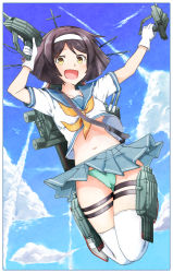 Rule 34 | 10s, 1girl, brown hair, cloud, day, green panties, kantai collection, panties, personification, school uniform, short hair, sky, smile, solo, tanikaze (kancolle), turret, ude, underwear, uniform