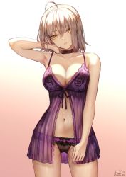 Rule 34 | 1girl, absurdres, ahoge, arm up, armpits, artist name, babydoll, bare arms, bare shoulders, black bow, black panties, bow, bow panties, breasts, choker, cleavage, collarbone, cowboy shot, fate/grand order, fate (series), gradient background, head tilt, highres, jeanne d&#039;arc (fate), jeanne d&#039;arc alter (avenger) (fate), jeanne d&#039;arc alter (fate), lace, lace-trimmed panties, lace trim, large breasts, legs apart, lingerie, looking at viewer, mashuu (neko no oyashiro), navel, panties, parted lips, signature, silver hair, solo, stomach, twitter username, underwear, underwear only, white background, yellow eyes