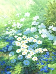 Rule 34 | blue flower, commentary, day, flower, flower focus, flower request, grass, highres, leaf, no humans, oil painting (medium), original, outdoors, painting (medium), plant focus, sawitou mizuki, scenery, shadow, traditional media, white flower