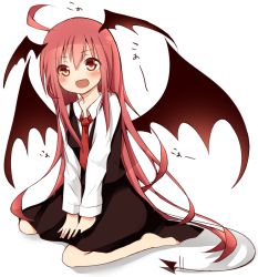 Rule 34 | 1girl, :d, ahoge, barefoot, bat wings, blush, demon girl, demon tail, dress shirt, fangs, female focus, full body, head wings, highres, koa (phrase), koakuma, long hair, long sleeves, necktie, open mouth, red eyes, red hair, red necktie, shirt, simple background, sitting, skirt, skirt set, smile, solo, tail, tail wagging, tosura-ayato, touhou, v arms, very long hair, vest, wariza, white background, white shirt, wings