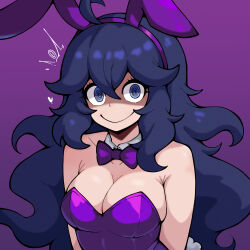 Rule 34 | 1girl, @ @, ahoge, alternate costume, animal ears, bare shoulders, blue eyes, breasts, cleavage, closed mouth, collarbone, commentary, creatures (company), detached collar, fake animal ears, frenchserval, game freak, hair between eyes, hairband, heart, hex maniac (pokemon), highres, large breasts, leotard, long hair, looking at viewer, medium breasts, nintendo, playboy bunny, pokemon, pokemon xy, purple background, purple hairband, purple leotard, rabbit ears, smile, solo, strapless, strapless leotard, upper body