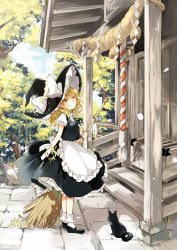 Rule 34 | 1girl, apron, black dress, blonde hair, blue sky, bow, box, braid, broom, cat, cloud, day, donation box, dress, grin, hakurei shrine, hat, hat bow, highres, kirisame marisa, looking at viewer, md5 mismatch, messy hair, poprication, puffy short sleeves, puffy sleeves, resolution mismatch, rope, shimenawa, shirt, short sleeves, shrine bell, single braid, sky, smile, solo, source smaller, touhou, tree, waist apron, wavy hair, witch hat, yellow eyes