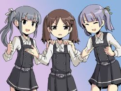 Rule 34 | 3girls, belt, blunt bangs, brown eyes, brown hair, clenched hand, closed eyes, commentary, cosplay, dress, gradient background, green ribbon, grey hair, hair ribbon, hand on another&#039;s shoulder, kantai collection, kasumi (kancolle), kasumi (kancolle) (cosplay), long sleeves, multiple girls, ooshio (kancolle), open mouth, pinafore dress, remodel (kantai collection), ribbon, ryuujou (kancolle), side ponytail, simple background, sixten, sleeveless dress, smile, thumbs up, twintails, white ribbon