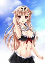 Rule 34 | 1girl, absurdres, alternate costume, amou yuu, bikini, black ribbon, blonde hair, breasts, cloud, cloudy sky, commentary request, day, hair flaps, hair ornament, hair ribbon, hairclip, highres, kantai collection, large breasts, long hair, looking at viewer, navel, open mouth, red eyes, red ribbon, ribbon, sailor bikini, sailor collar, scarf, sky, solo, swimsuit, white scarf, yuudachi (kancolle), yuudachi kai ni (kancolle)