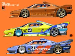 Rule 34 | asterozoa, car, from side, highres, logo, motor vehicle, no humans, orange background, r4: ridge racer type 4, race vehicle, racecar, redesign, ridge racer, shadow, simple background, spoiler (automobile), variations, vehicle focus, vehicle name