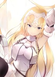 Rule 34 | 1girl, arm up, bare shoulders, black thighhighs, blue eyes, breasts, fate/apocrypha, fate/grand order, fate (series), jeanne d&#039;arc (fate), jeanne d&#039;arc (ruler) (fate), jeanne d&#039;arc (third ascension) (fate), looking at viewer, lpip, medium breasts, smile, solo, thighhighs