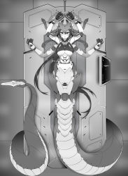Rule 34 | 1girl, absurdres, arms up, bound, bound wrists, breasts, bzs (kage no shinobu), commentary request, covered erect nipples, elbow gloves, extra arms, fake tail, gauntlets, gloves, hair ribbon, highres, lamia, large breasts, long hair, looking at viewer, lying, mecha musume, mechanical arms, mechanical tail, monitor, monochrome, monster girl, on back, original, ponytail, restrained, ribbon, semi-rimless eyewear, shiny clothes, skindentation, snake, snake hair, solo, tail, under-rim eyewear, very long hair